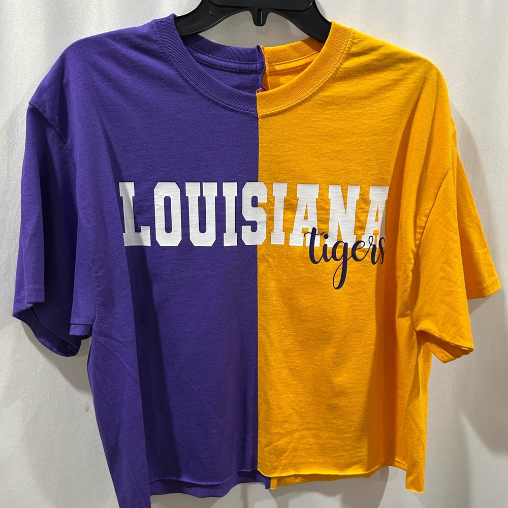 EUC Boutique purchased Purple and Yellow Louisiana cropped T-Shirt colorblock